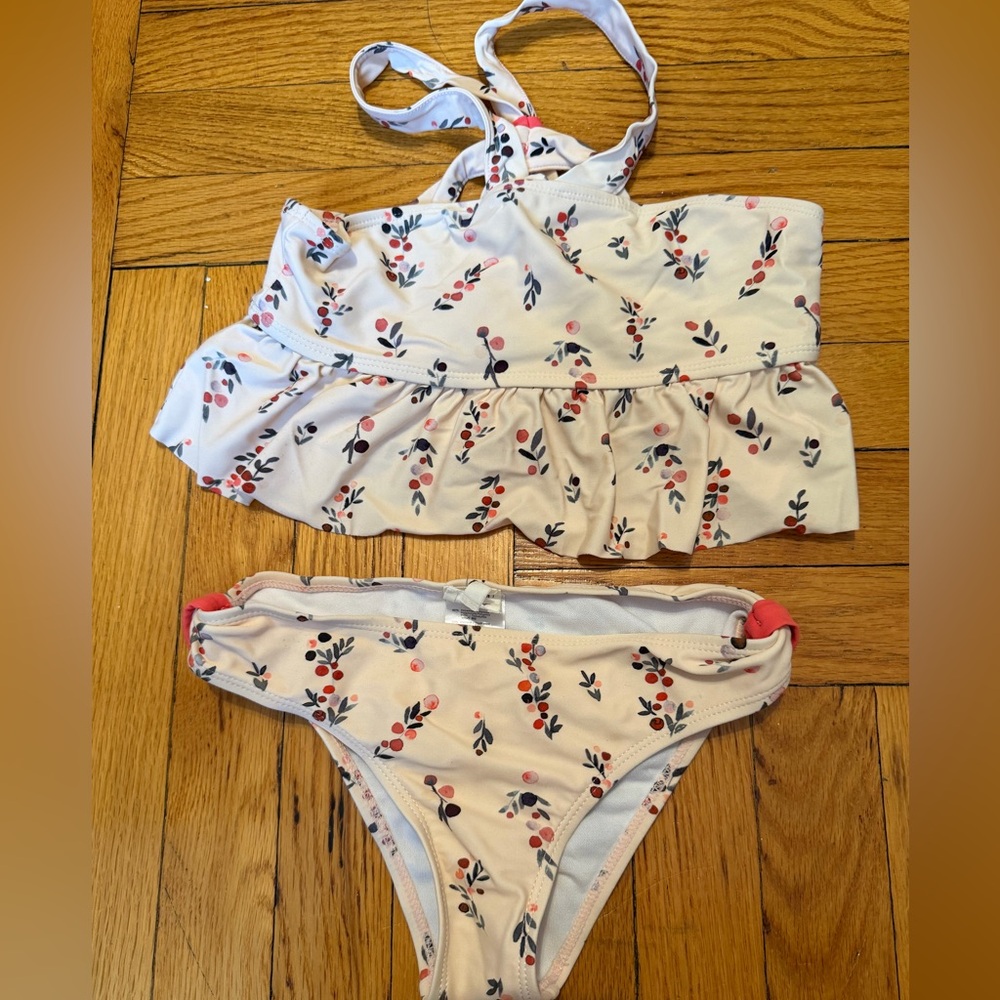 Girls Floral Ruffle Bikini Set - Cream with Pink Accents